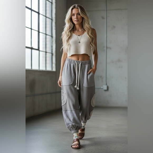 POL Pants - NWT POL Boho Crochet Doily Patchwork Jogger Sweats Sweat Pants Joggers Grey